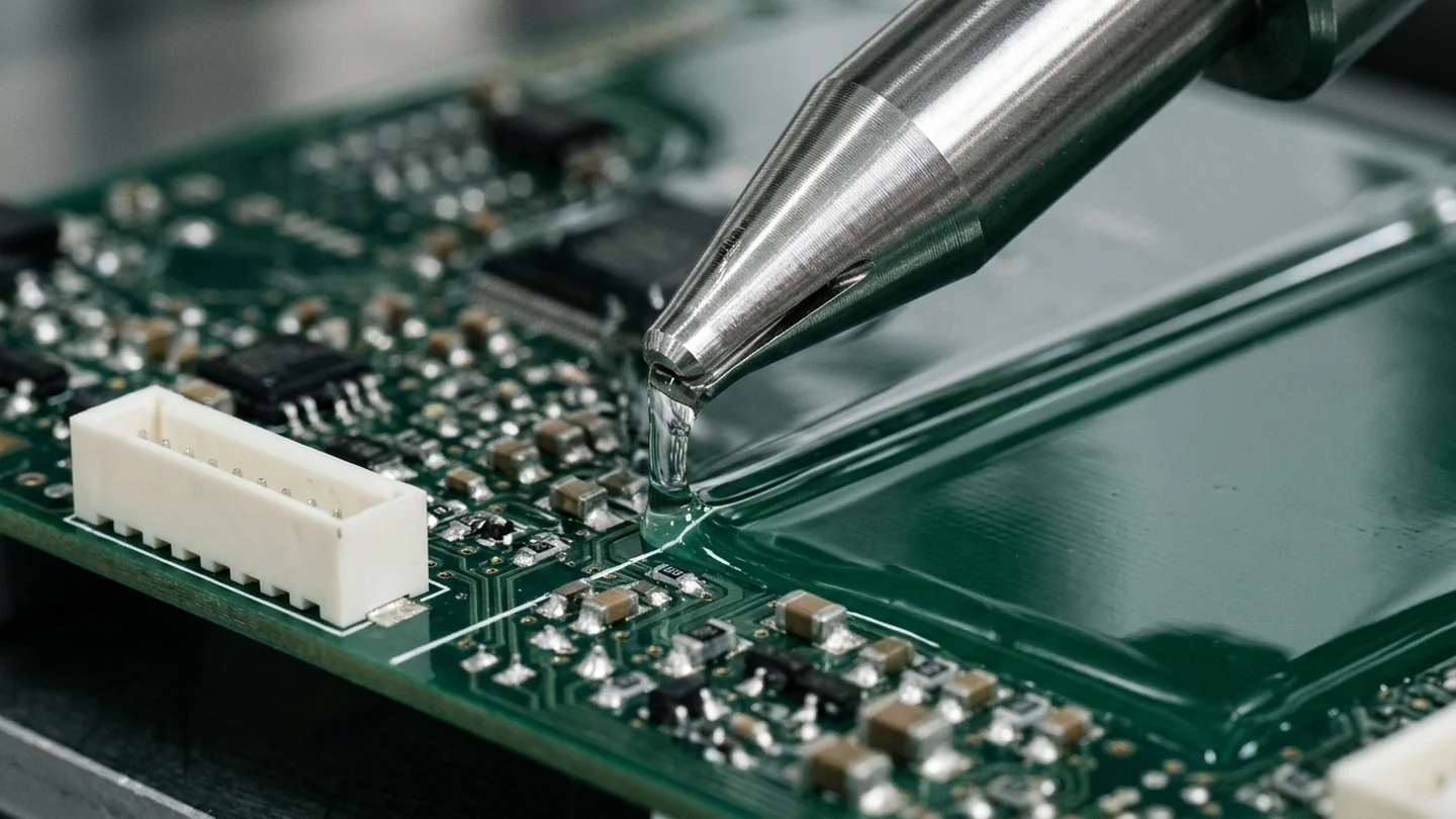 Non-atomized film coating nozzle dispensing a laminar curtain of conformal coating across surface-mount components beside an unmasked PCB connector