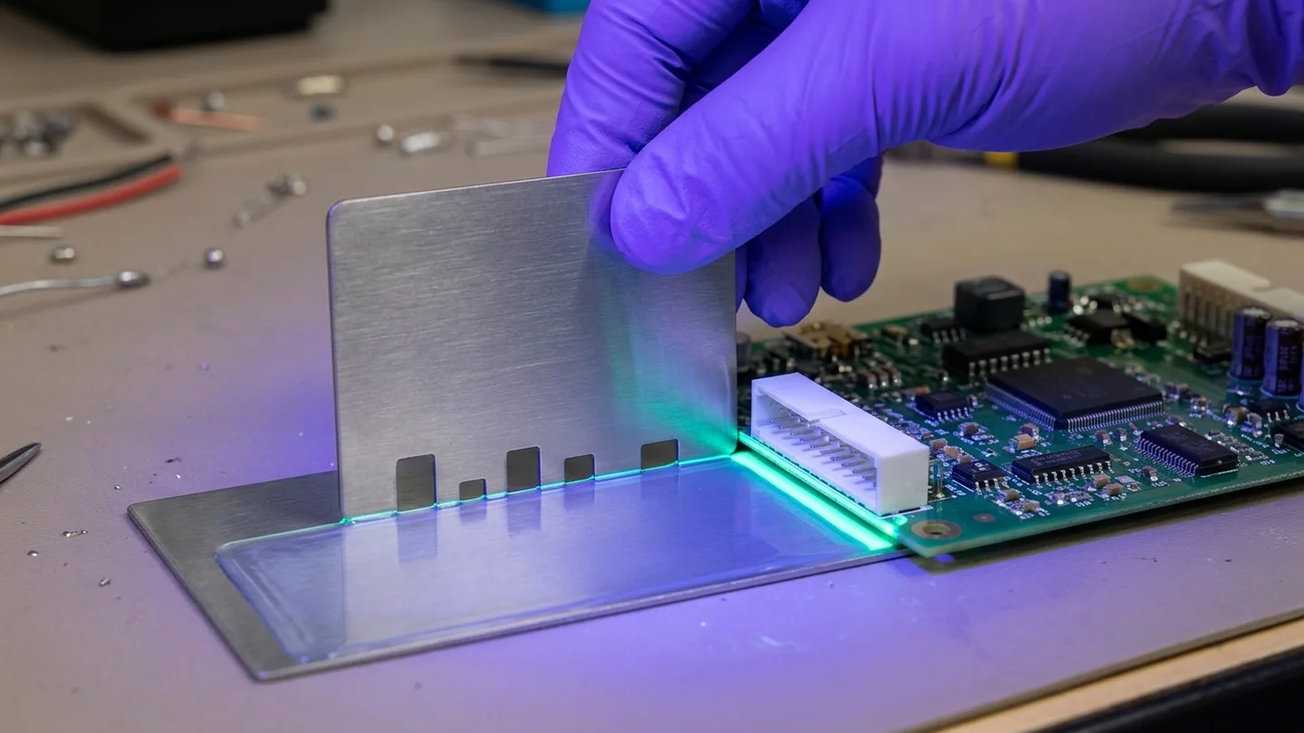 Gloved hand holding a stainless-steel notched wet-film thickness gauge against a freshly coated coupon beside a PCB under ultraviolet inspection light