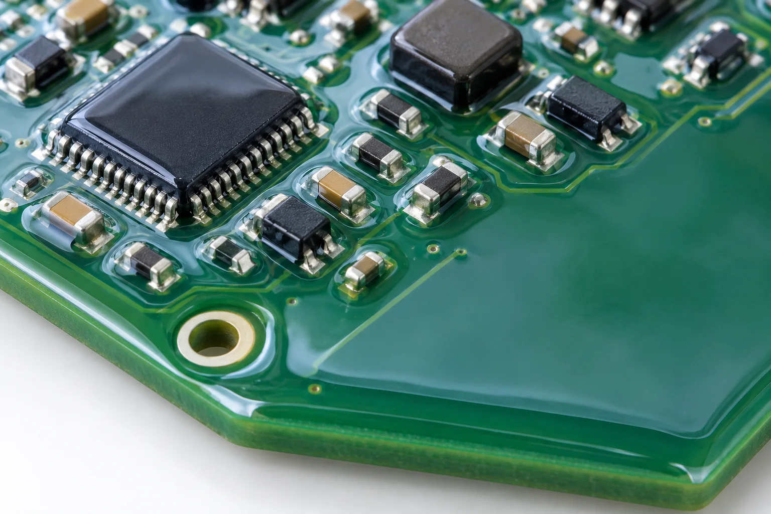 Clear coating over components and a flat area of a green circuit board.