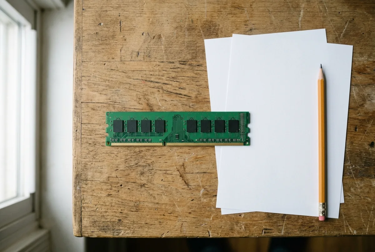 A green memory module beside blank white sheets and a pencil on a desk