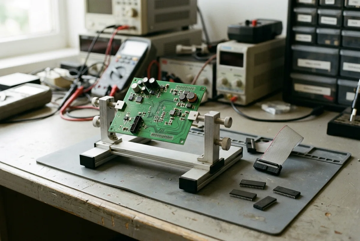 A green circuit board in a bench fixture with a gray ribbon cable beside it