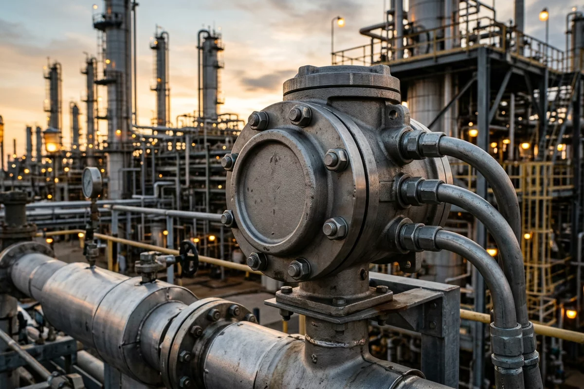Heavy explosion-proof cast stainless steel instrument housing mounted on process piping in an industrial processing plant.
