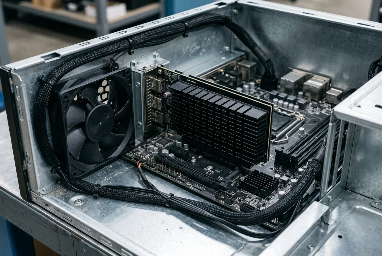 Interior view of an open steel industrial chassis showing a black PCIe slot beside a seated single-slot PCIe card with a black extruded aluminum heatsink and a front intake fan