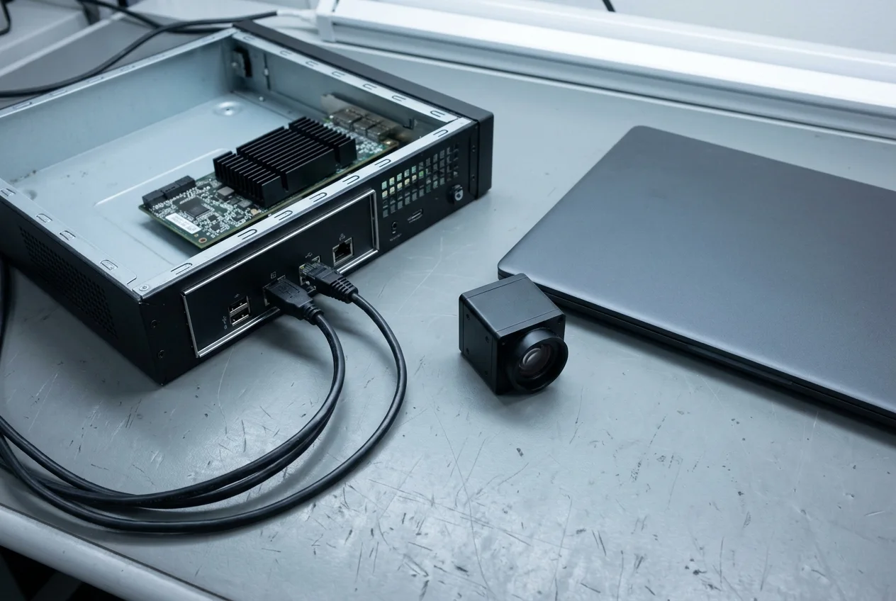 An open industrial host unit with a black-heatsink PCIe card installed, rear Ethernet and USB cables connected, a compact black industrial camera housing, and a closed dark-grey laptop on a workbench