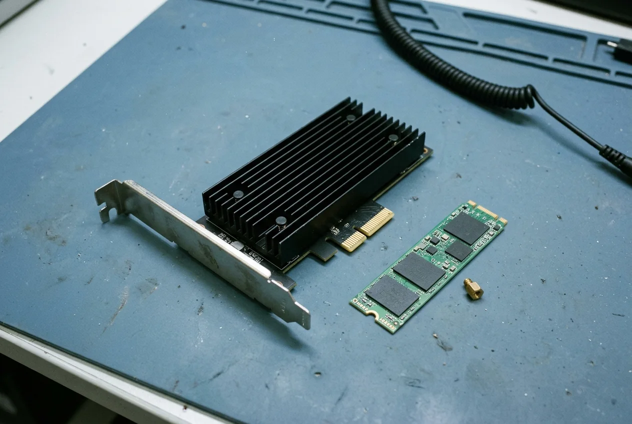 A single-slot PCIe card with a black finned aluminum heatsink beside a narrow green M.2 module and a brass standoff on a slate-blue anti-static mat.