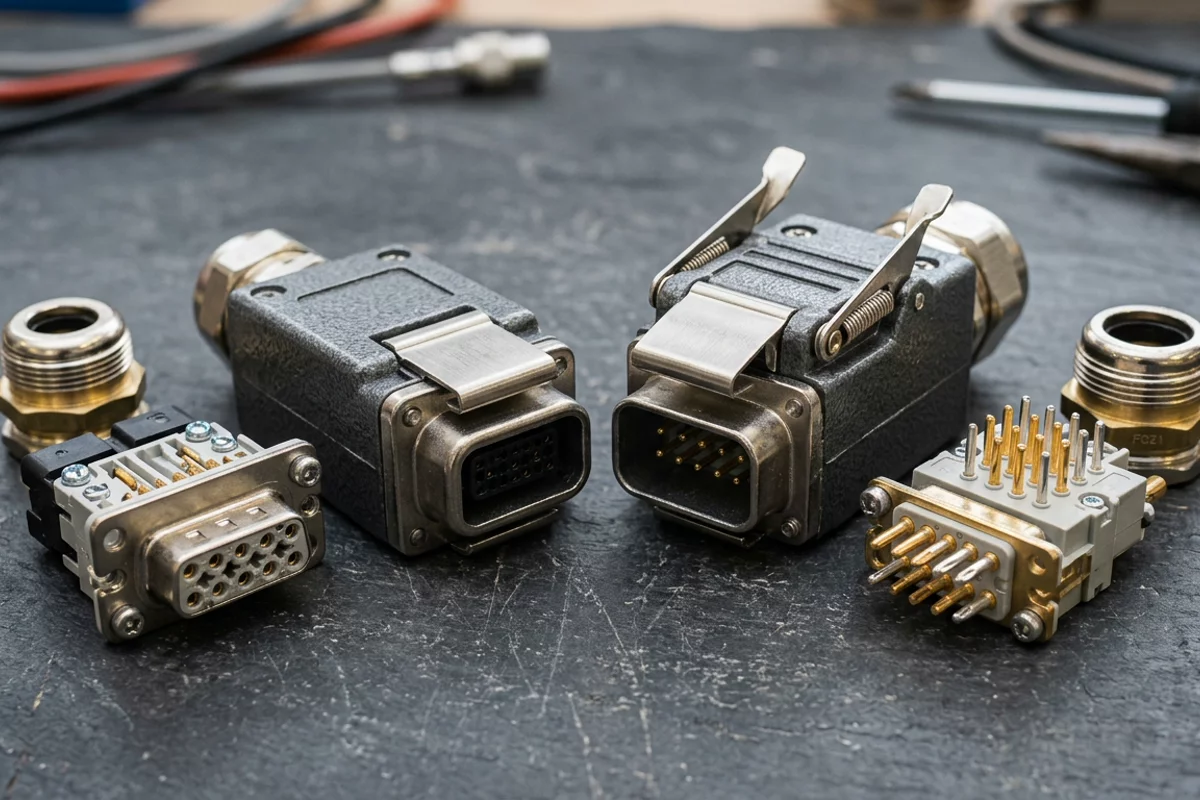 Heavy-duty die-cast aluminum rectangular electrical connector hoods and modular contact inserts on an engineering workbench.