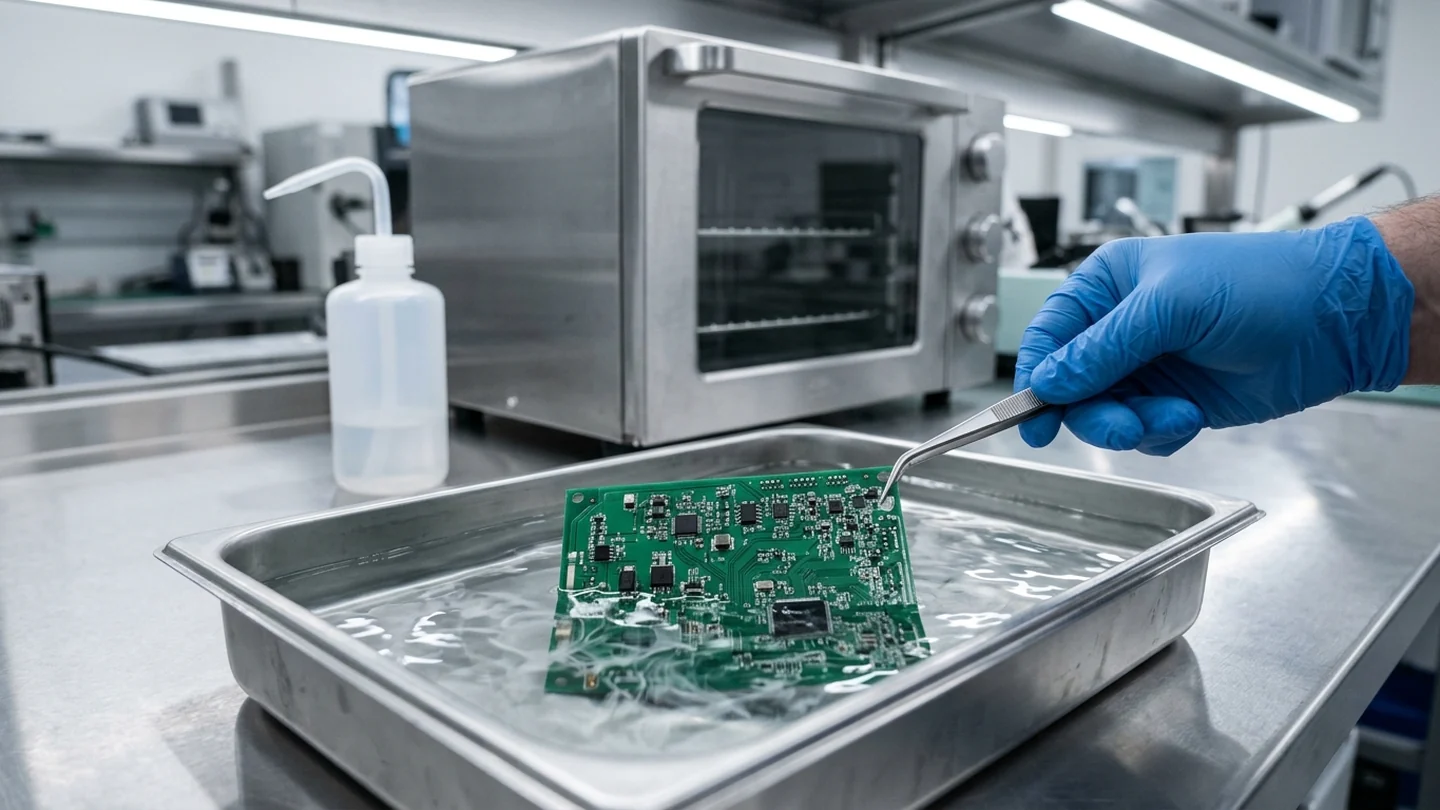 Printed circuit board assembly submerged in a stainless-steel tray of clear conformal coating stripper liquid beside a rinse bottle and laboratory convection bake oven