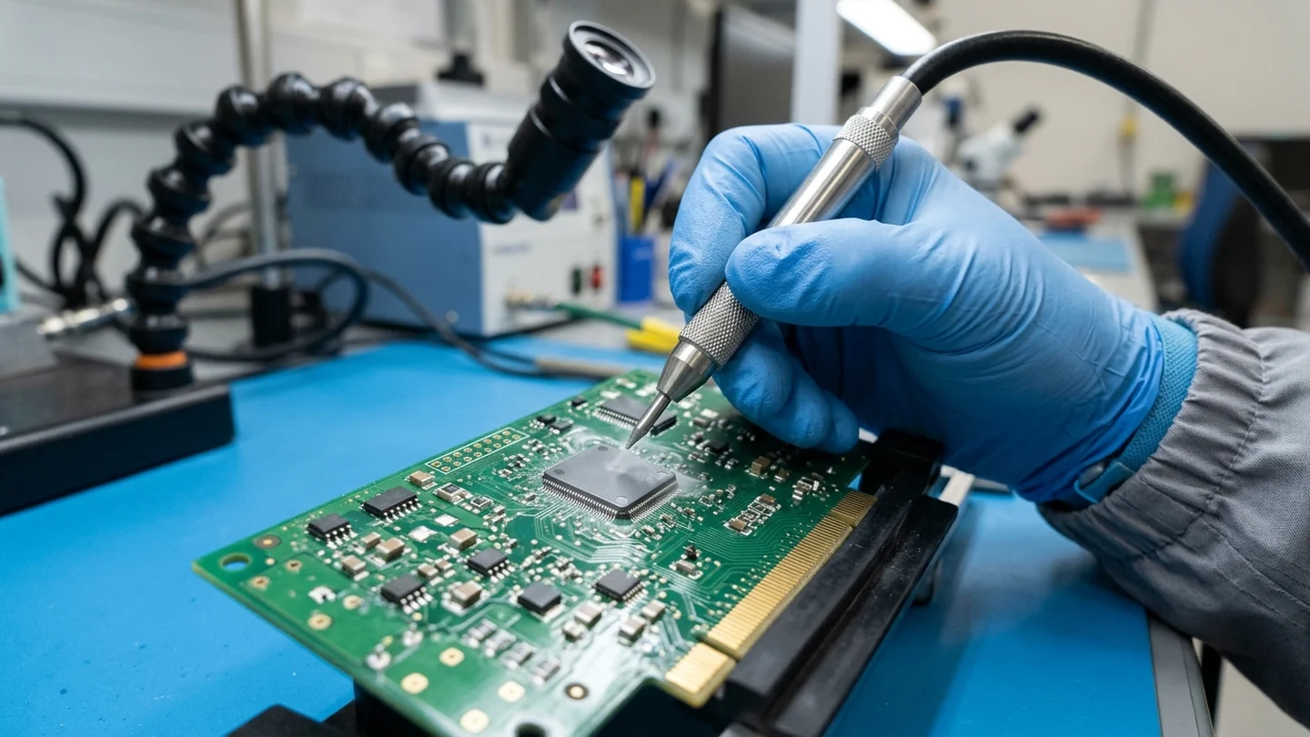 Technician in nitrile ESD gloves positioning a micro-abrasive blasting nozzle above a coated printed circuit board assembly with an edge-connector grounding bar