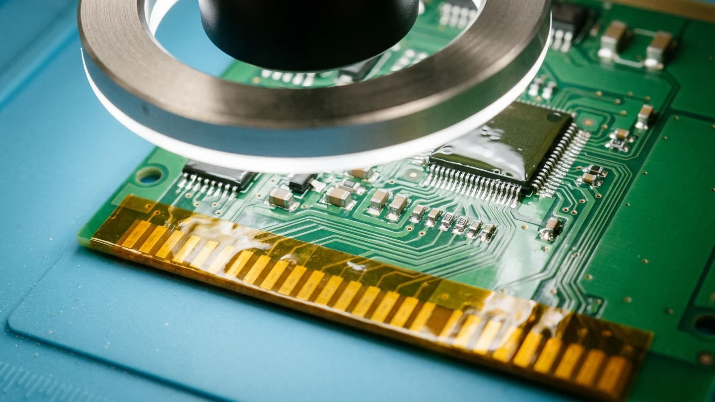Close-up of a populated green printed circuit board under a stereo inspection microscope showing transparent conformal coating over gull-wing leads and copper solder lands