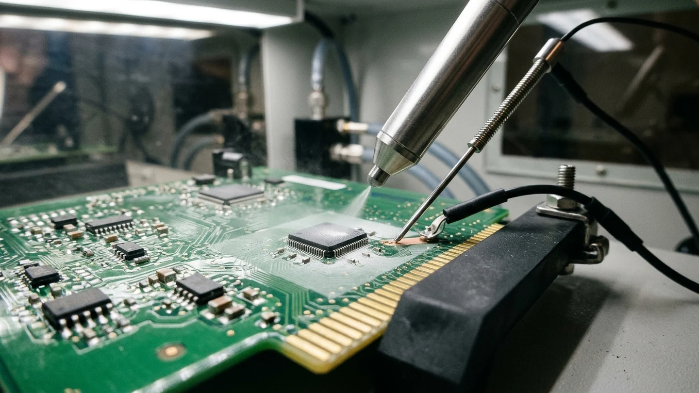 Fine round micro-abrasive blasting nozzle positioned above a small surface-mount component on a coated PCB alongside a needle probe and conductive rubber edge grounding bar