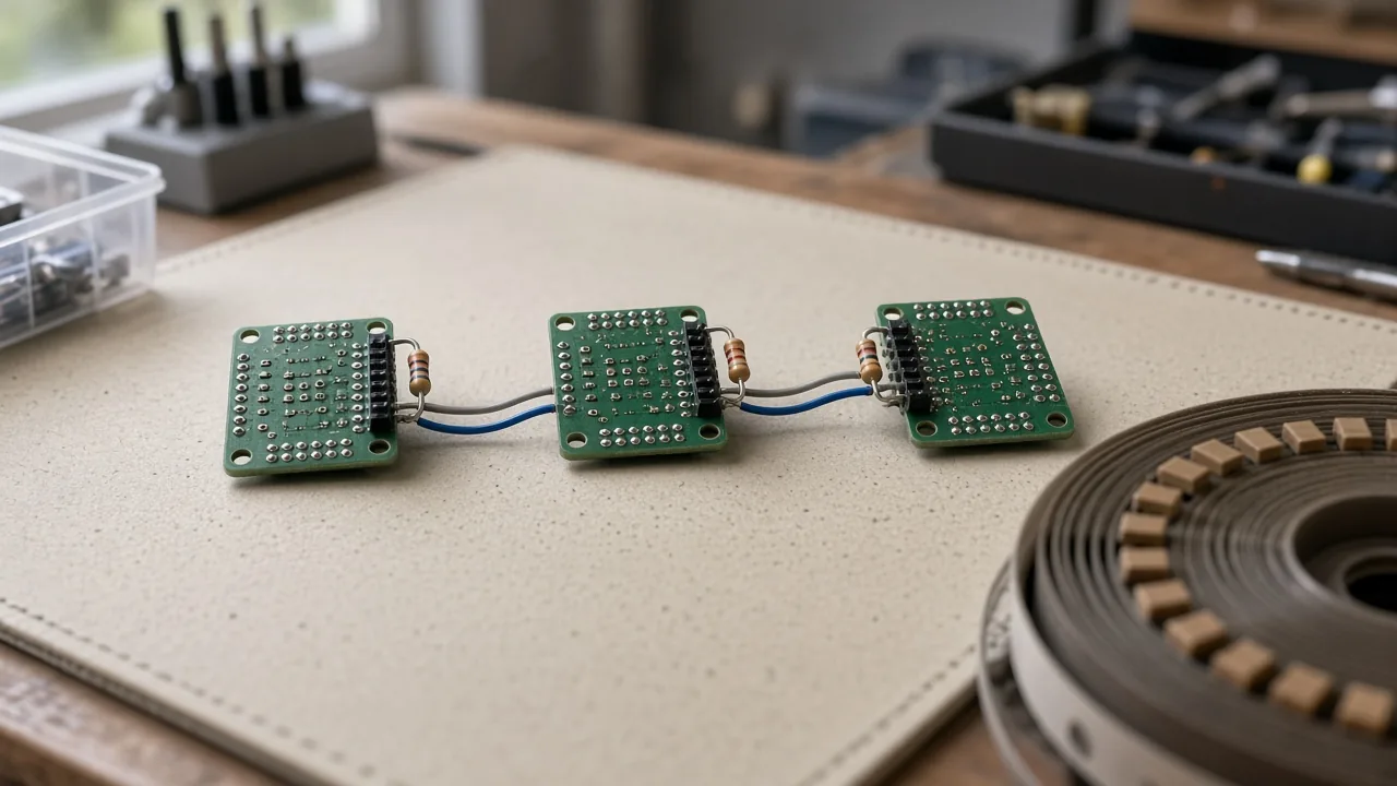 Three unlabeled green module boards linked by jumper wires, with discrete resistors beside the headers, on a bench mat.
