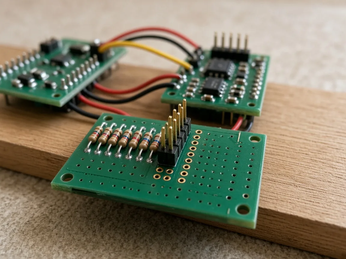 Discrete resistors beside pin headers on an unlabeled board, with other modules wired behind it