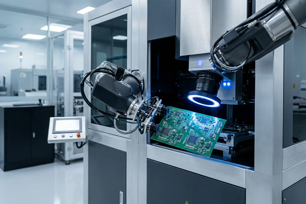 Automated optical inspection machine with robotic arm handling printed circuit board panels in a clean production bay.