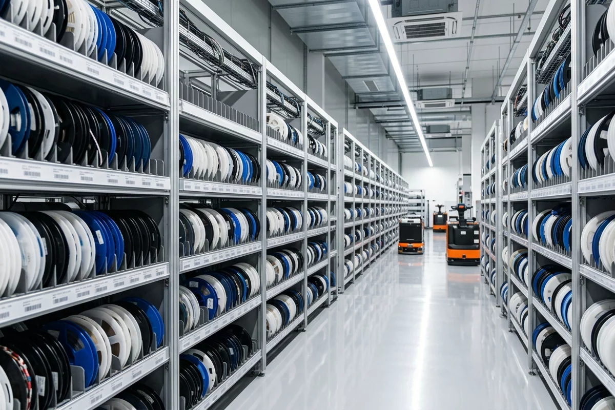 Neatly organized high-density electronic component reel storage racks in a climate-controlled manufacturing warehouse.