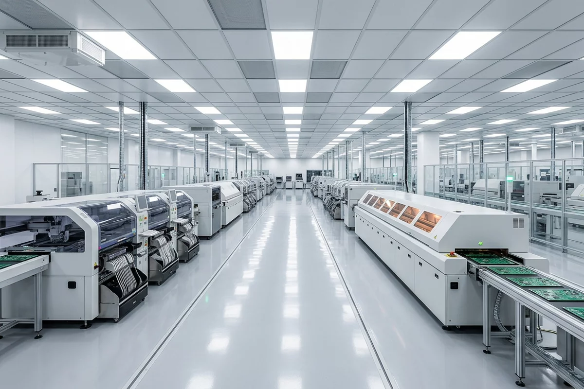 Modern electronics manufacturing services cleanroom plant with automated surface-mount placement lines and robotic conveyors.