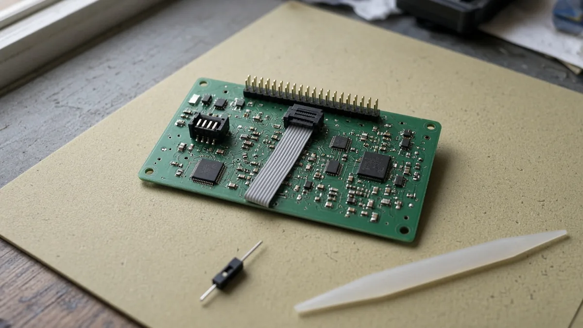 Gray ribbon cable on an unlabeled green board, on a bench mat beside a window.