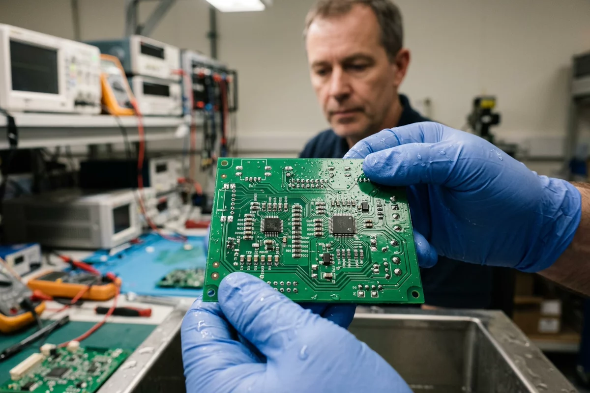 Gloved hands holding a populated board over a sink, with test instruments behind.