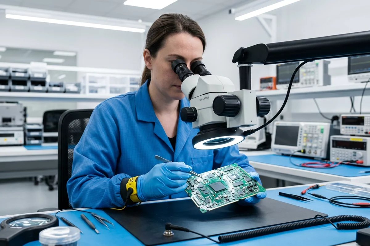 A technician inspects a populated board under a stereo microscope.