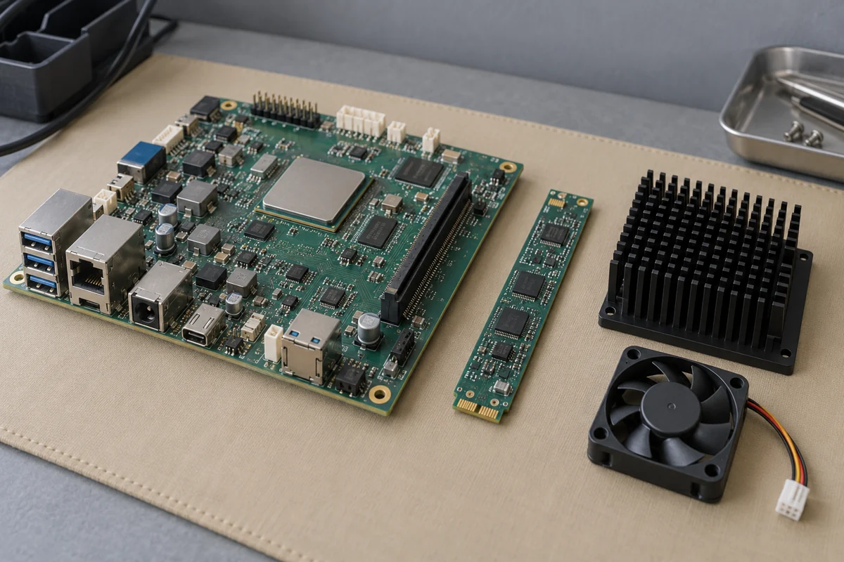 A green development board with a narrow expansion board, a separate black heatsink and a small fan on a bench mat