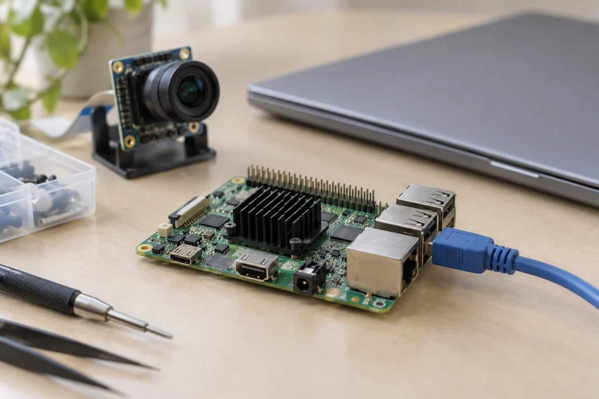 A green circuit board with a black heatsink and blue cable in front of a closed laptop and small camera