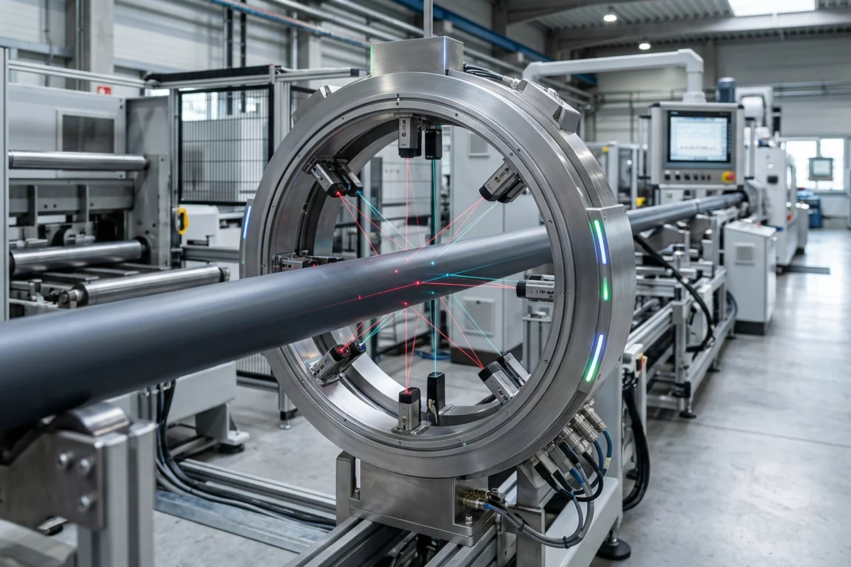 Automated extrusion line non-contact optical gauging station with laser displacement sensor heads measuring an extruded pipe.