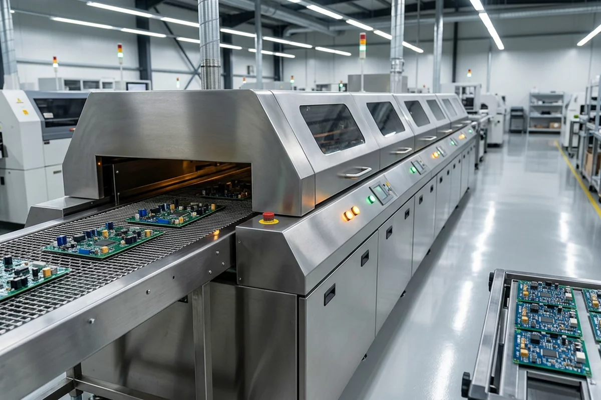 Modern multi-zone convection reflow oven running printed circuit boards on an automated SMT line.