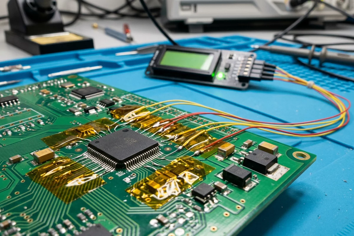 Printed circuit board with thermocouple sensors attached to SMD component leads with heat-resistant polyimide tape.