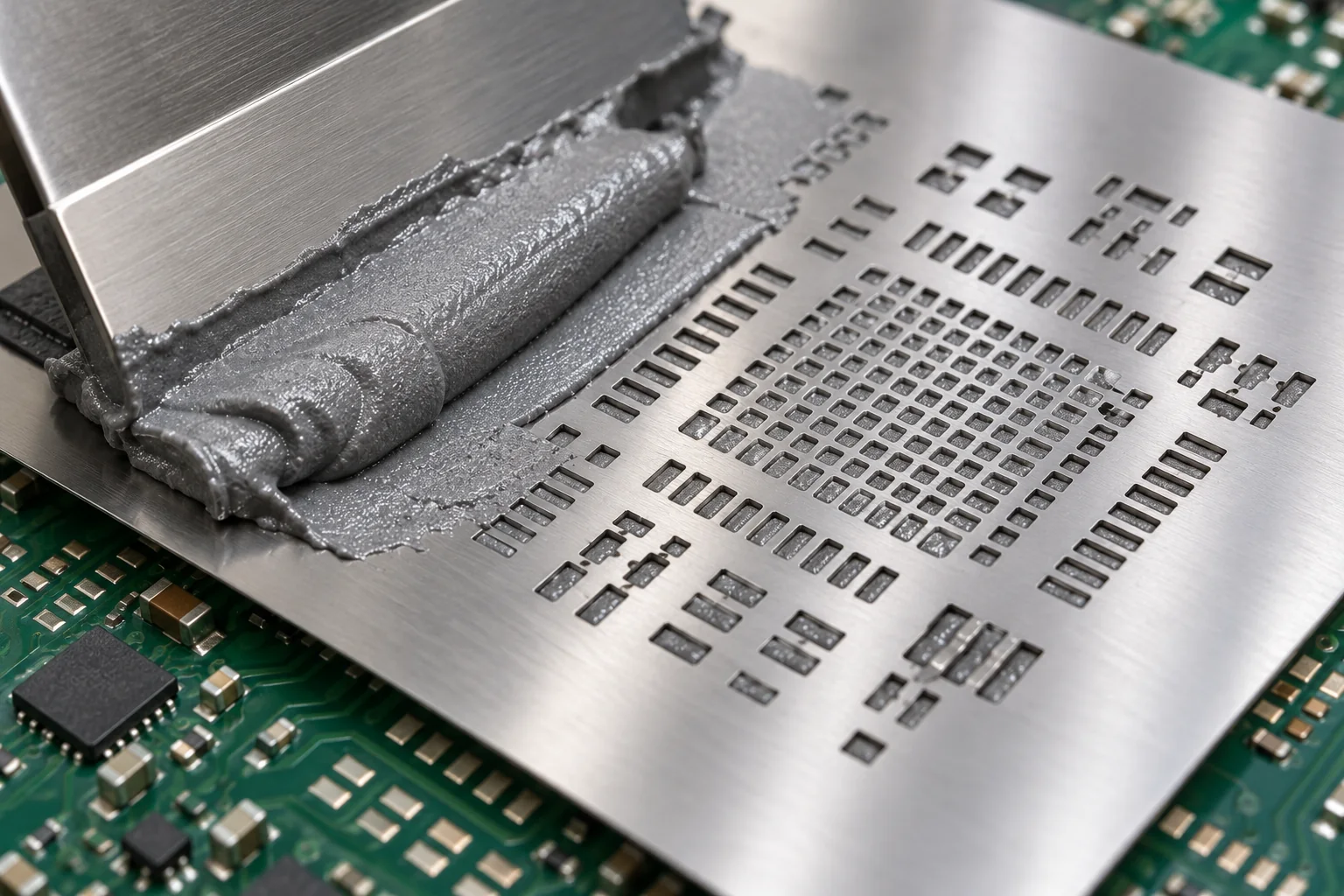 Gray solder paste and a metal squeegee beside a stainless stencil over an electronics board.