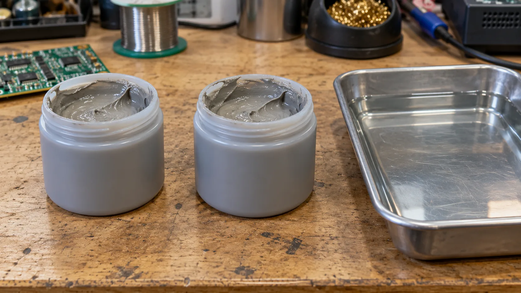Two open jars of gray solder paste beside an empty metal tray.