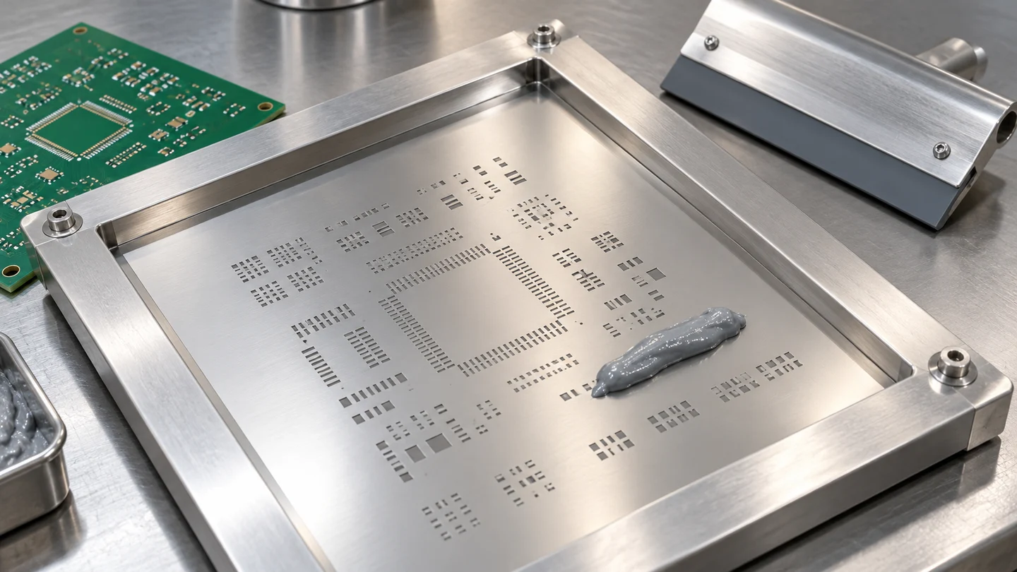 Framed stainless steel stencil, gray solder paste, a squeegee and a green circuit board on a printing bench.