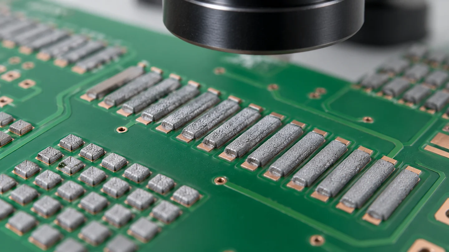 Raised gray paste deposits on rectangular and square PCB pads beneath an inspection lens before component placement.