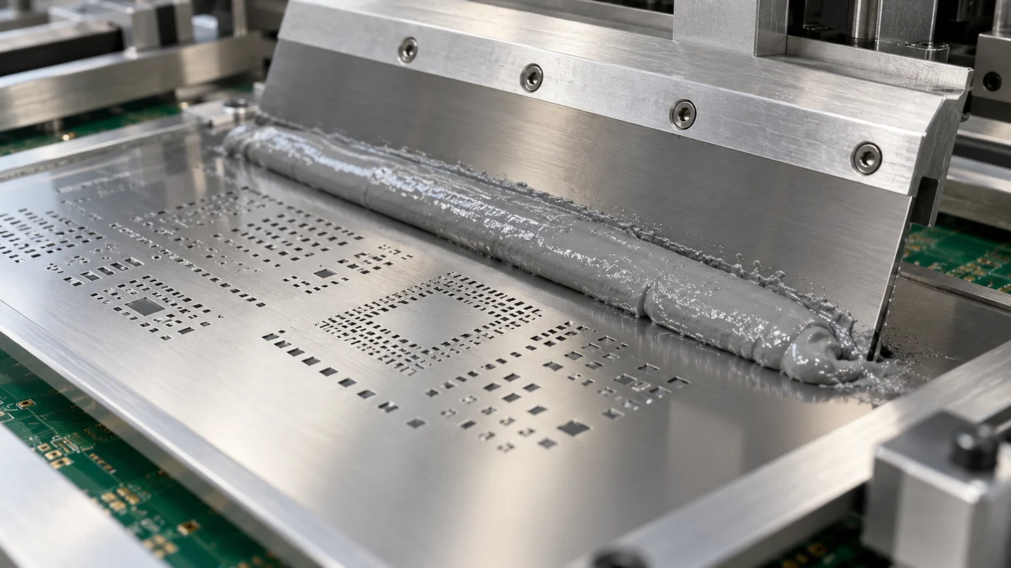 Gray solder paste bead along a metal squeegee blade on stainless steel stencil foil above a green PCB.