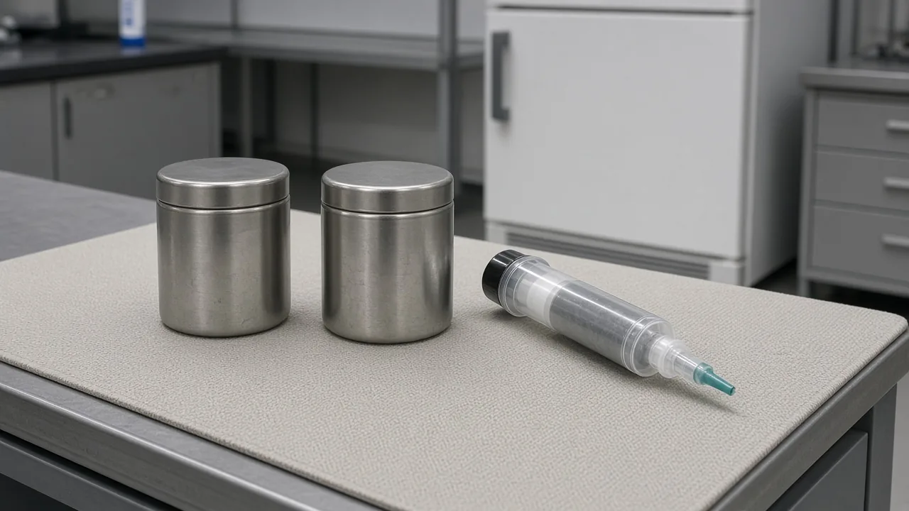 Two sealed metal jars and a plastic dispensing cartridge of grey paste on a bench, with a refrigerator behind them.