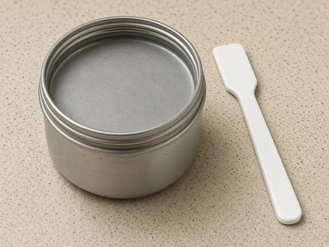An open jar of grey solder paste beside a plastic spatula