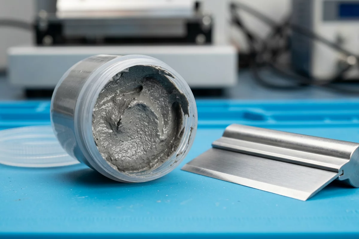 Open jar of lead-free solder paste and stainless steel stencil printing squeegee on an ESD workbench.