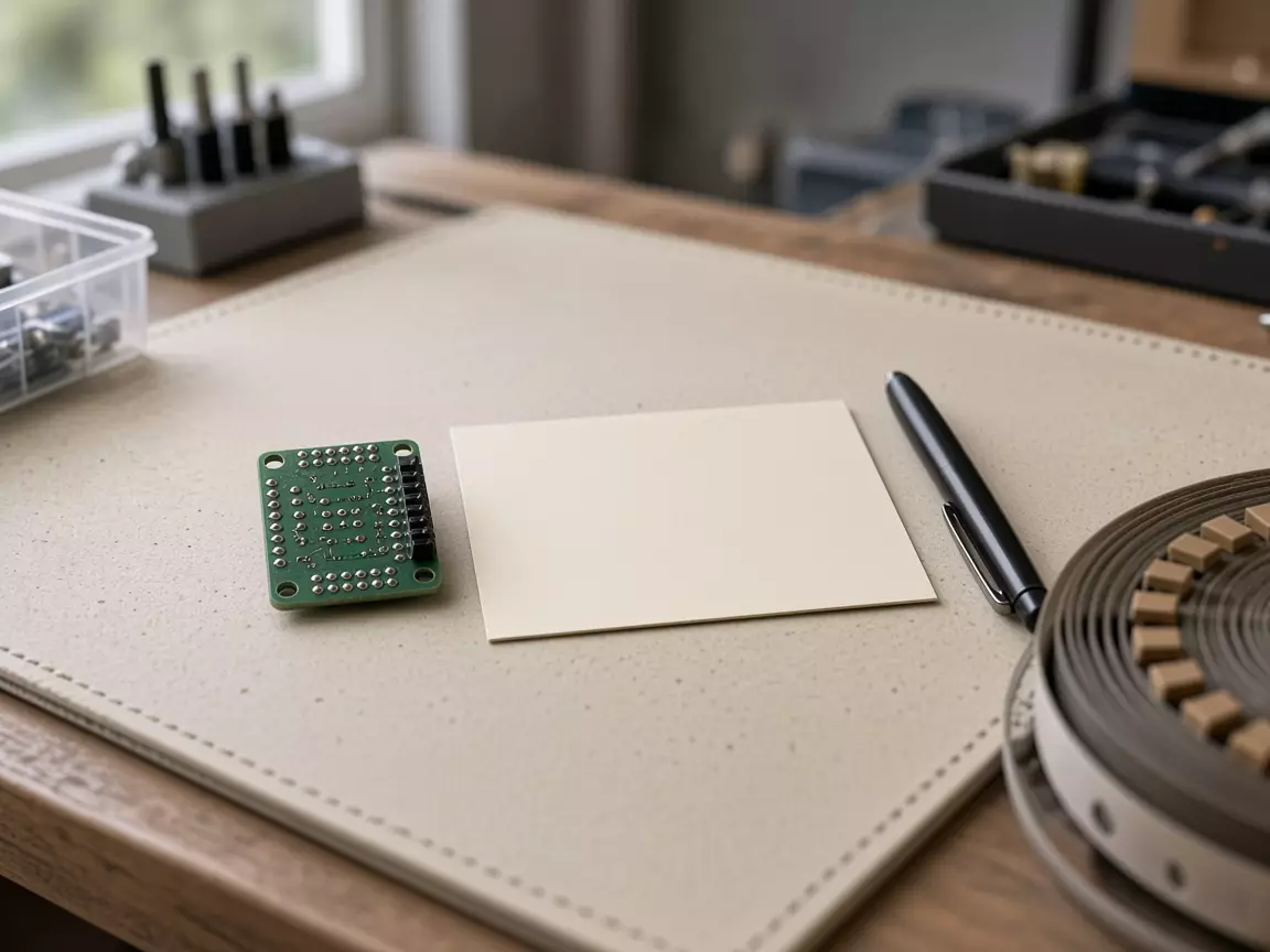 An unlabeled green board beside a blank card and a pen