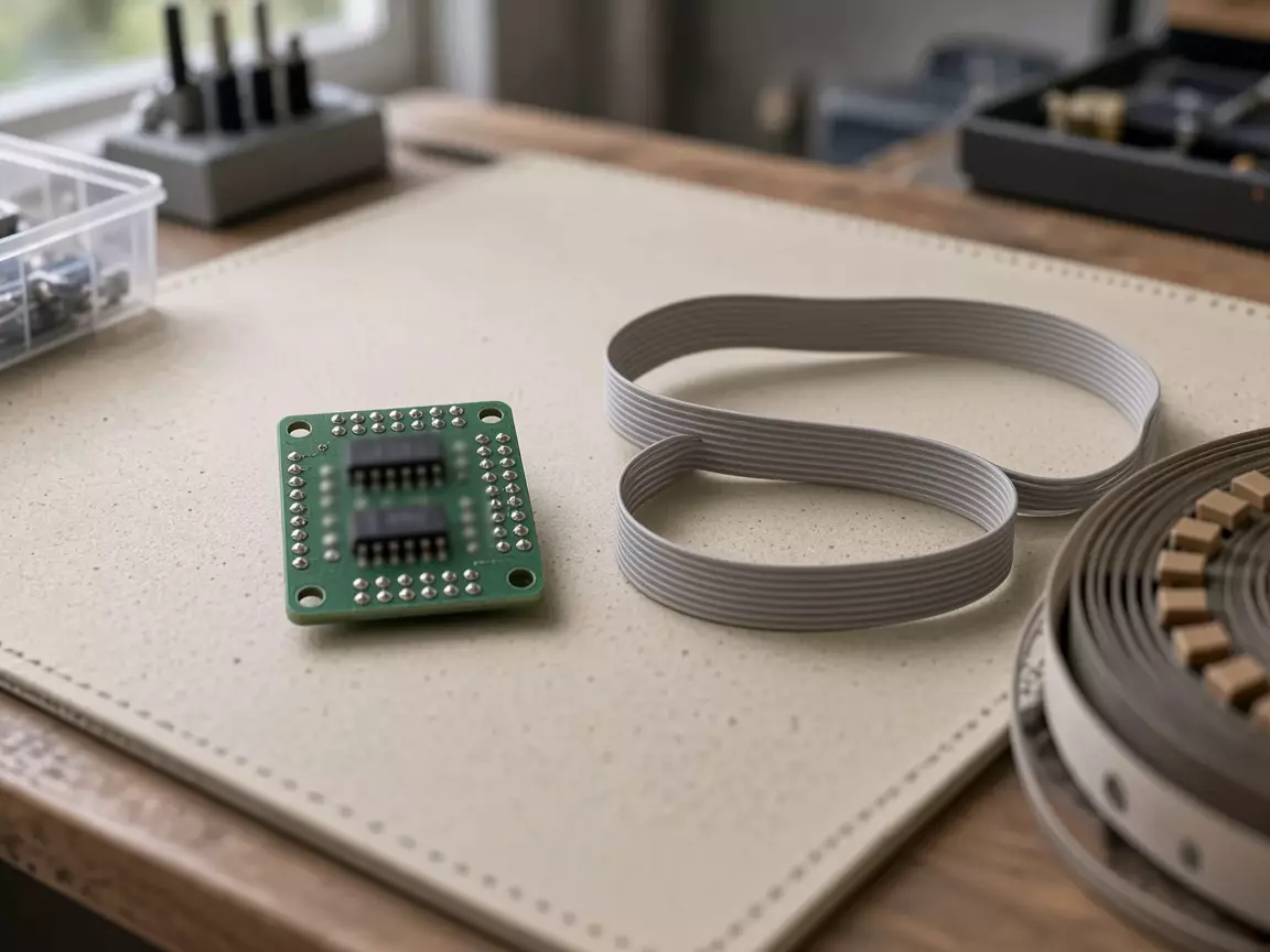 An unlabeled green board beside a coiled gray ribbon cable