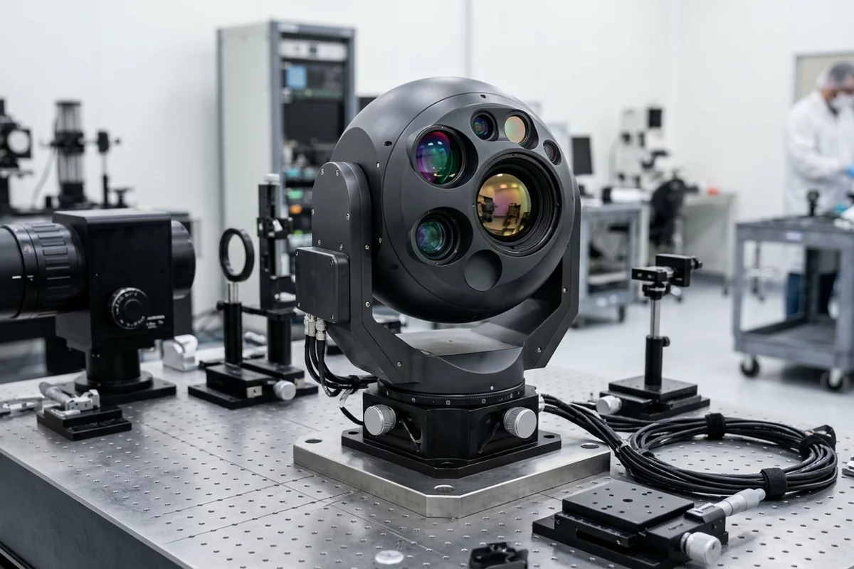 Multi-sensor electro-optical infrared gimbal turret mounted on an optical alignment test bench in an aerospace engineering lab.