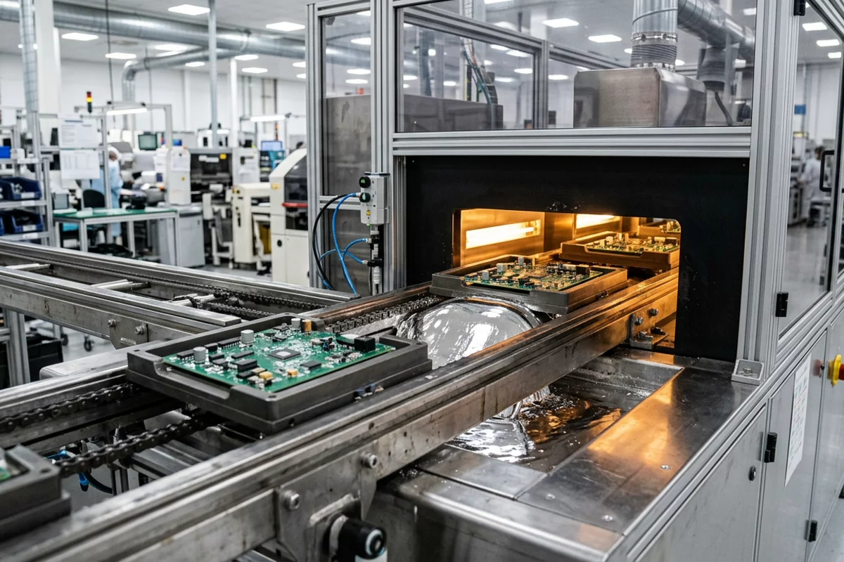Wave soldering machine with circuit boards held in titanium pallet carrier fixtures traversing molten solder bath.